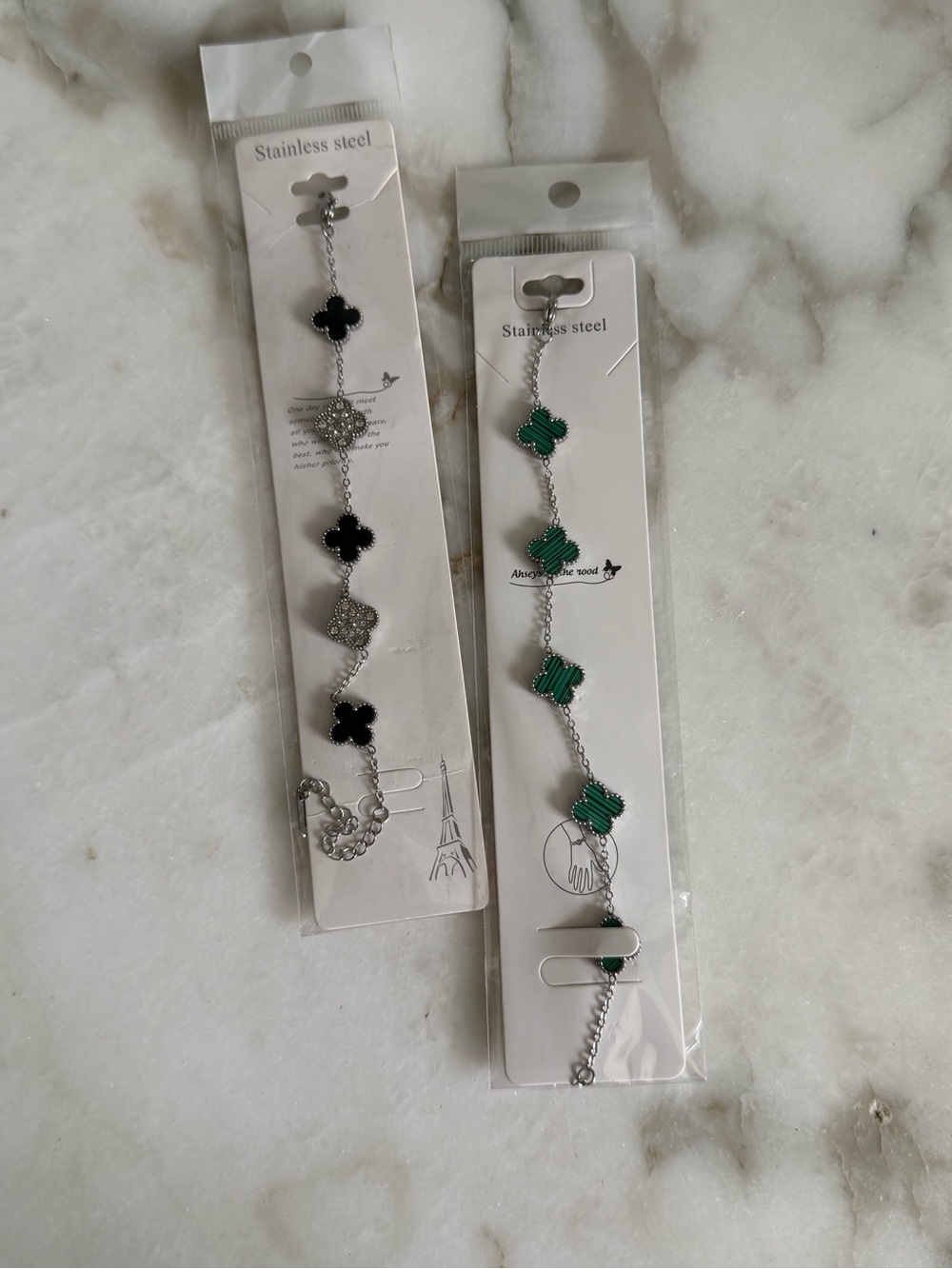 Stainless Steel Clover Link Bracelet - Green or Black